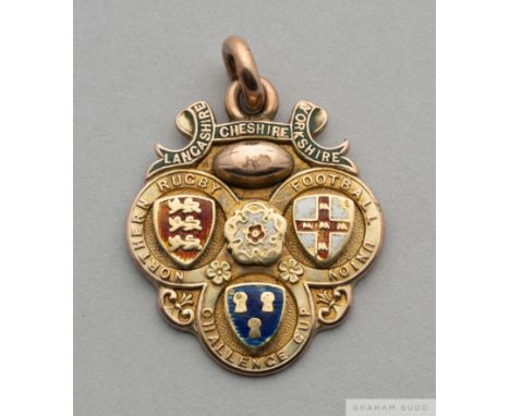 A 9ct gold and enamel Rugby League Challenge Cup Medal, 1898-99,&nbsp;
the obverse inscribed&nbsp;Lancashire, Cheshire, Yorks