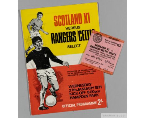 Scotland XI v. Rangers/Celtic Select Ibrox Disaster Benefit Match programme, 27th January 1971,&nbsp;
with ticket stub

Tape 