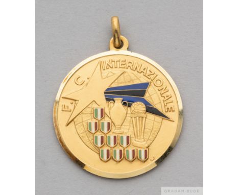 A .750 Continental gold&nbsp;and enamel Inter Milan commemorative medal, 1966, 
the obverse inscribed F.C. Internazionale and