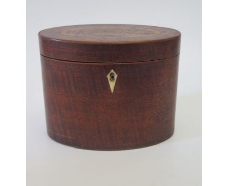 A Georgian, Mahogany and Floral Marquetry Inlaid Tea Caddy of Oval Form