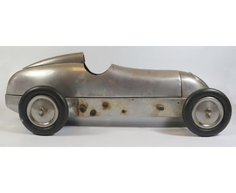 A Scratch Built Aluminium Model Car with petrol engine, solid rubber wheels stamped 'EXP. MODEL RACING CORD 3.75 X 5/8, 48 cm