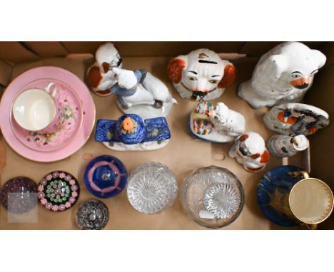 Two millefiori cane paperweights, a Caithness weight and another weight, to/w two small cut glass decanters, an Art Deco Carl