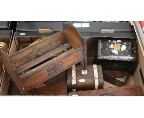 An early 19th century Continental doll's cot, profusely decorated with pokerwork and dated 1822, to/w an antique box of Chris