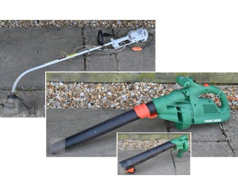 A Black & Decker electric leaf blower to/with a Ryobi RCT425f electric brush cutter/strimmer, no cord, both a/f, a Bosch PST 