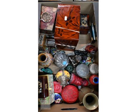 Various Asian collectables, including censer, table cabinets, cinnabar lacquer, enamels, etc