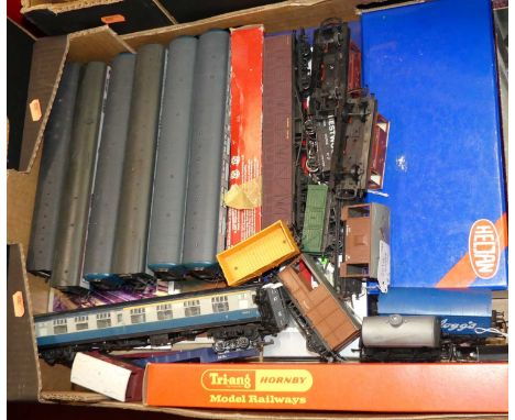 Two boxes of mainly 00 and H0 scale boxed locomotives, rolling stock, and lineside accessories to include Hornby and Heljan