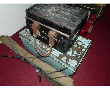A blue painted metal trunk; canvas field stretcher; and an annotated wooden box for Empire Halladale (3)
