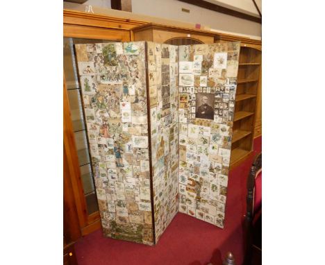 A stained pine decoupage decorated three-fold dressing screen, each panel width 53cm