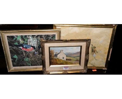 Jack R Mould (1925-1998) - Ruined bothy (Grantown), oil on card, signed lower left, 11 x 16.5cm; Brenda Jarman - Birds nest, 