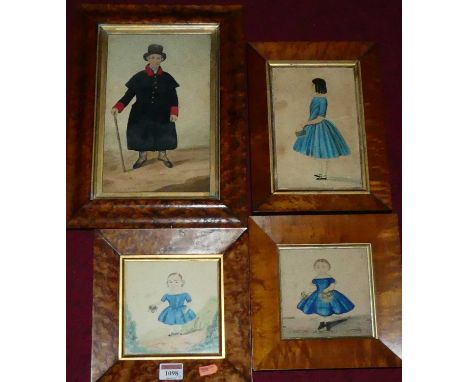 Four various Victorian watercolour portrait studies, to include two of a young girl wearing a blue dress, all in maple frames
