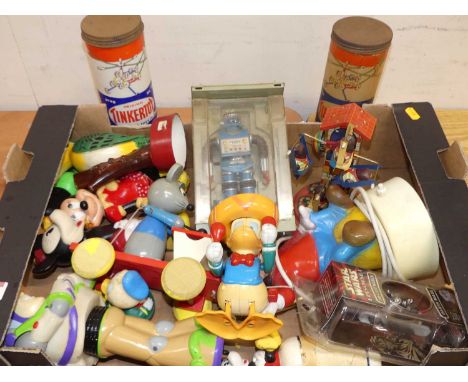 One box of mixed vintage toys to include Zeroids plastic cased robot, various Mickey and Minnie Mouse and Donald Duck figures