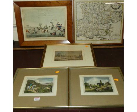 After Samuel Howitt - two sporting prints; 19th century school monochrome landscape watercolour; George III later hand-colour