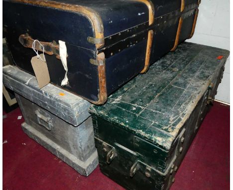 A painted pine tool chest (no contents); one other; and a canvas bound trunk (3)