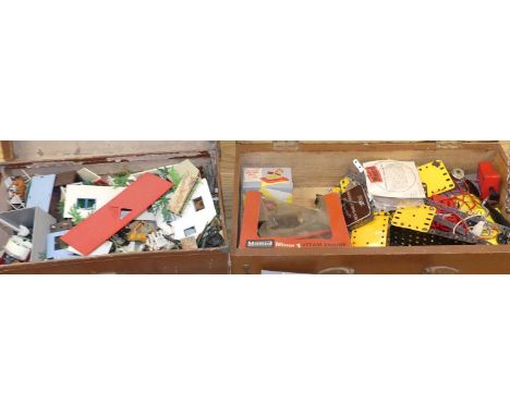 Two boxes of mixed farming plastic miniatures to include Britains Timpo and other related buildings together with a quantity 