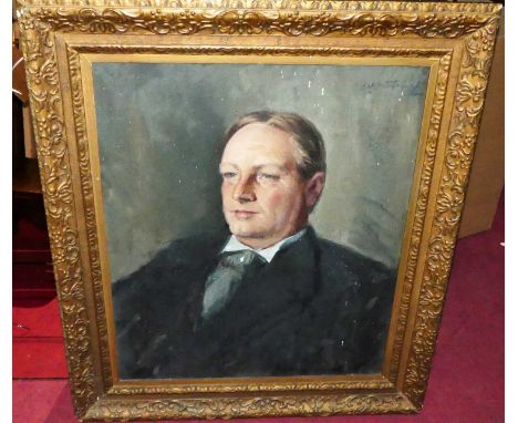 Mid-20th century continental school - half-length portrait of a gentleman, oil on canvas, indistinctly signed upper right, 70