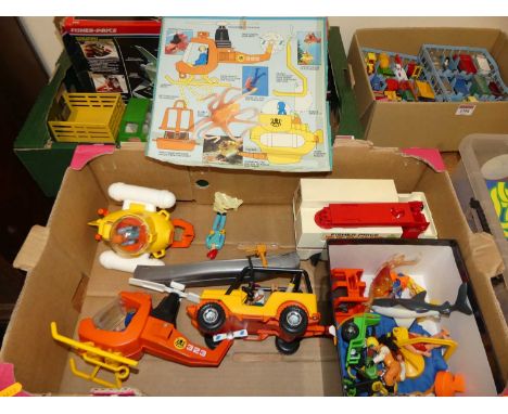 One box of Fisher Price toys to include Air Sea Rescue, a Fisher Price rescue fire engine appliance and various loose additio