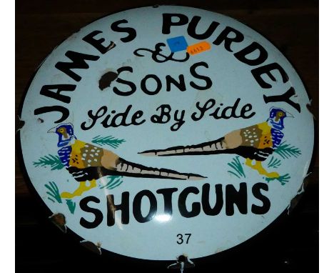 A convex enamel advertising sign for James Purdey &amp; Son Shotguns, dia.29cm