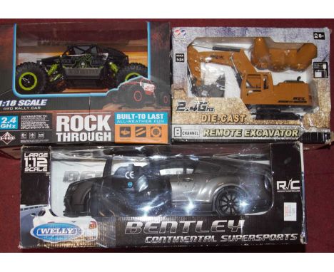 A collection of three various radio controlled models to include a Welly Bentley Continental Supercar, a 1/18 scale Rockthru 