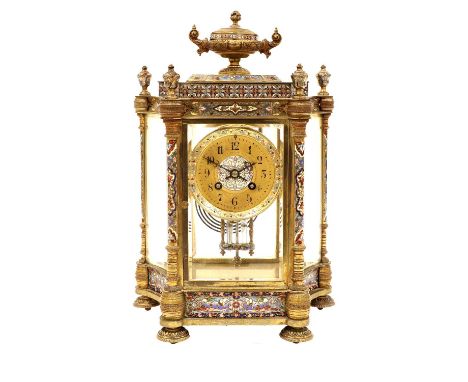 A French Brass Champleve Enamel Striking Mantel Clock, circa 1890, case elaborately decorated throughout with multi-coloured 