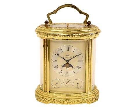 An Oval Shaped Brass Engraved Striking, Repeat and Alarm Carriage Clock with Calendar and Moonphase Displays, signed Matthew 