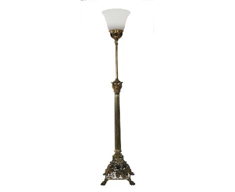 An Impressive late 19th century Corinthian Columnar Brass Oil Lamp Stand, with pierced foliate shaped base on paw feet (conve