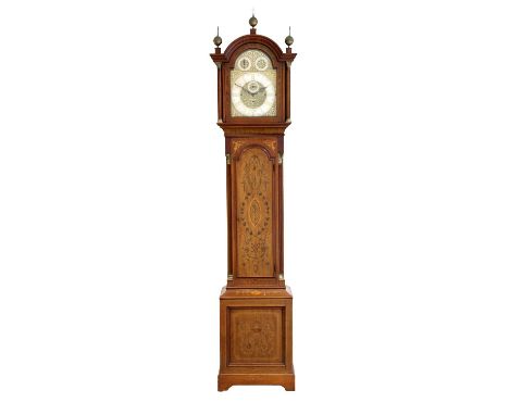  A Mahogany Inlaid Chiming Longcase Clock, retailed by Woffindin &amp; Turner, Leeds, circa 1900, arched pediment, Corinthian