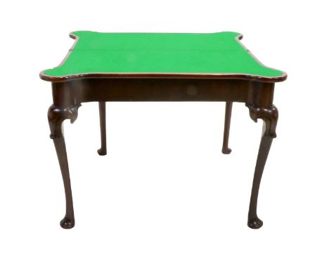 A George III Mahogany Foldover Card Table, circa 1780, the hinged leaf enclosing a modern green baize lined playing surface a