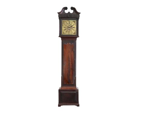 An Irish Mahogany Eight Day Longcase clock, signed Hull, Dublin, Longford Street, circa 1780, swan neck pediment with a carve