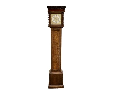 An Oak Thirty Hour Longcase Clock, signed Jno Ogden, Bowbridge, 18th century, (later oak case) with a carved pediment, barley