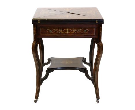 An Edwardian Rosewood and Marquetry-Inlaid Envelope Card Table, early 20th century, with four pivotting leaves enclosing gami