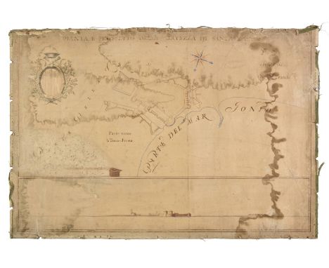 Manuscript map. Planta e Propetto della Fortezza di Santa Maura, circa 1700, pen and wash manuscript plan with sparse outline