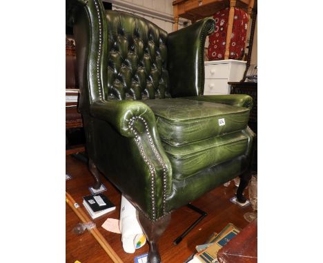 Green Leather Button Back Studded Armchair 