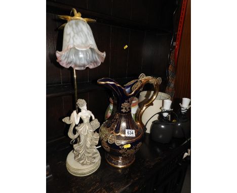Large Ornate Jug, Figurine Lamp and Biscuit Barrel etc 