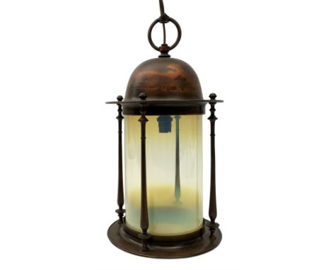 Arts and Crafts copper hall lantern, of cylindrical form with merging vaseline glass shade beneath a domed top, H42.5cm - Con