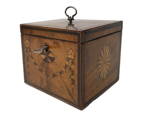 18th century Sheraton style mahogany tea caddy, of cuboid form with banded quarter veneered top, inlaid husk swag to the fron