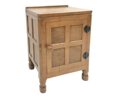 'Mouseman' panelled oak bedside cabinet, all over adzing, single door enclosing shelf, by Robert Thompson of Kilburn, W48cm, 