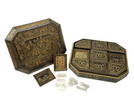 19th century Chinese black lacquer and gilt games box, of rectangular form with canted corners, the body decorated with figur