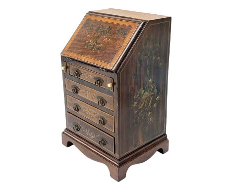 Edwardian miniature mahogany bureau, the fall front hand painted with two quivers of arrows, beneath floral swags and tied ri