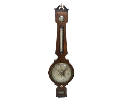 Early 19th century rosewood four dial banjo barometer, dry/damp dial, mercury thermometer with register, circular silvered di