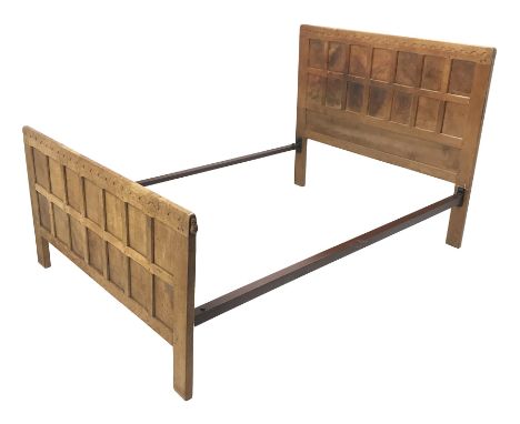 'Mouseman' 4' 6'' panelled oak bedstead with arcade carved cresting rails, by Robert Thompson of Kilburn  - Condition Report 