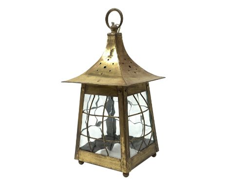 Arts and Crafts brass porch lantern, of pagoda form, H44cm - Condition Report 