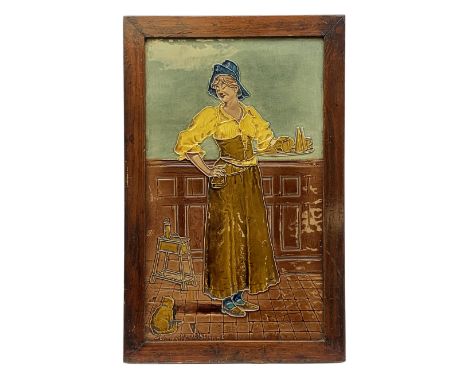 20th century large Burmantofts Faience architectural tile plaque, The Maide at The Inn, designed by William Neatby, of rectan