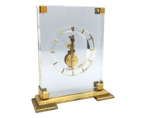 Mid 20th century Jaeger-LeCoultre skeleton clock, gilt metal mounts and stepped base, W18cm, H20cm - Condition Report 