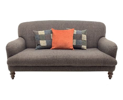 Tetrad - traditional shaped three seat sofa upholstered in Harris Tweed fabric, turned front supports, with complimentary pou