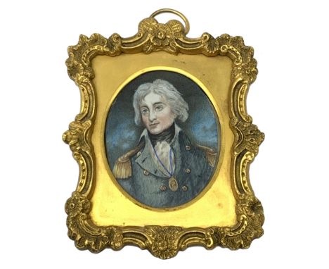 19th century oval painted portrait miniature upon ivory, depicting head and shoulder portrait of Admiral Lord Nelson, within 