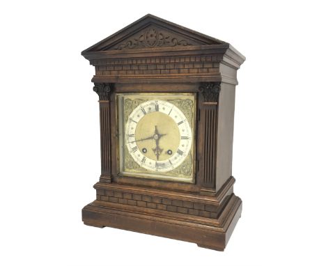 Late 19th century walnut architectural cased bracket clock, square brass dial with silvered Roman chapter, brass twin train m