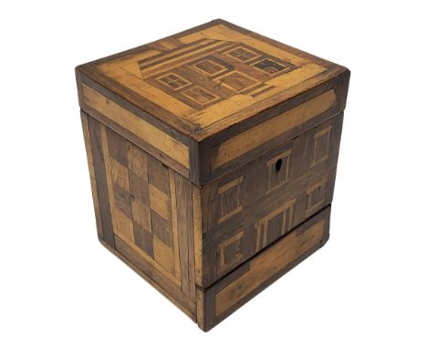 Early Victorian rosewood and specimen wood trinket box, of cuboid form, the lid and front inlaid with naive studies of house 