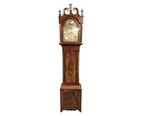 Early 19th century inlaid figured mahogany longcase clock, trunk door flanked by canted corners with twist quarter columns, h