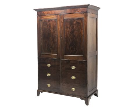 George III figured mahogany press cupboard, projecting cornice over two panelled doors with faux drawers, on bracket feet, H2