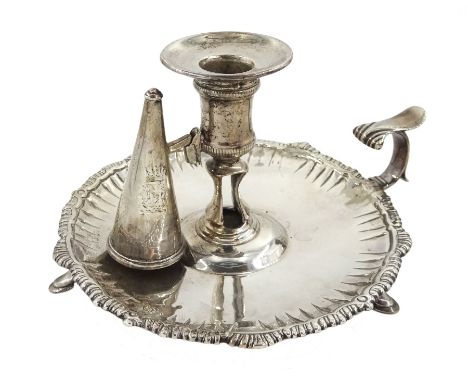 Early George III silver chamber stick on three hoof feet by William Cafe, London 1761, with associated removable sconce, appr